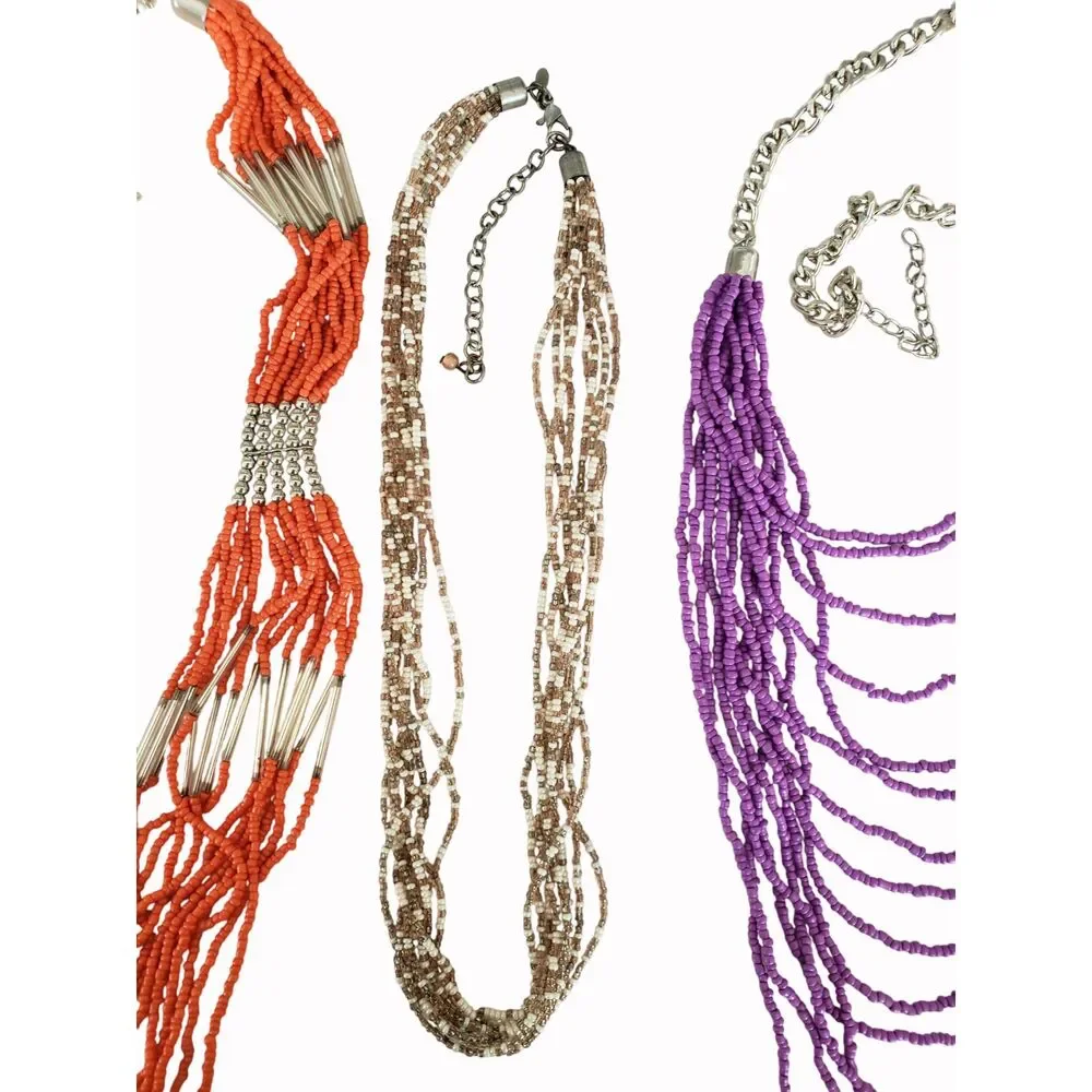 3 Multi Strand Seed Bead Necklaces Purple Orange White Boho Chic Office Siren